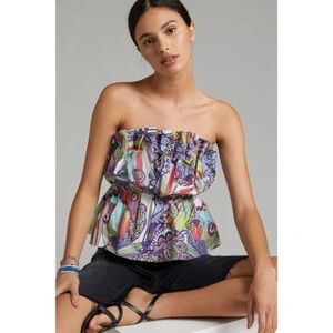 Anthropologie Blue/Orange printed Ruffled Tube top sz S NWT